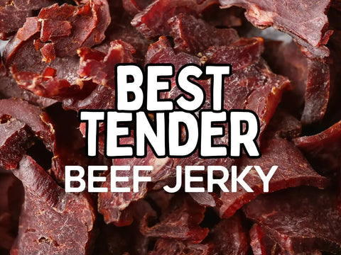 Photo of fresh and tender beef jerky with a text overlay that reads "Best Tender Beef Jerky"