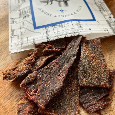 A close-up photo of Side Project Jerky Phō beef jerky sugar-free keto