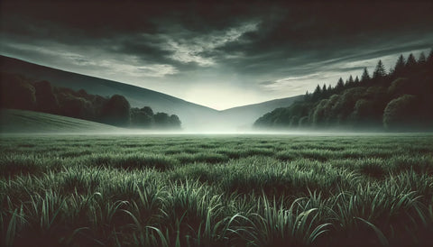 A green grassy pasture in a valley with trees on both sides showing the origins of grass fed beef jerky.