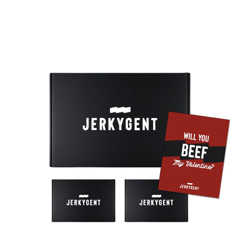 Jerkygent packaging including a black box and a red card with white text on a white background