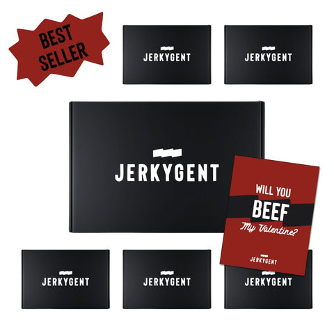 Jerkygent packaging and promotional items including black boxes and a red card with text.