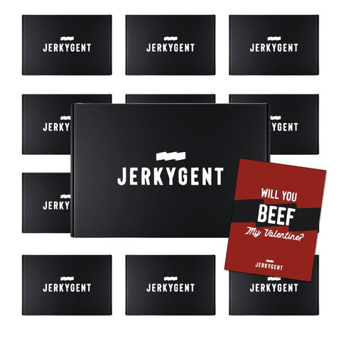 Collection of black boxes with 'Jerkygent' branding and a red card with text.