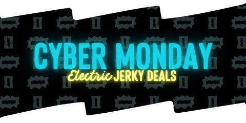 Promotional graphic for Cyber Monday electric jerky deals with black background and blue and yellow text.