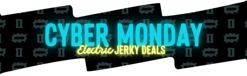 Promotional graphic for Cyber Monday electric jerky deals with a black background and blue text.