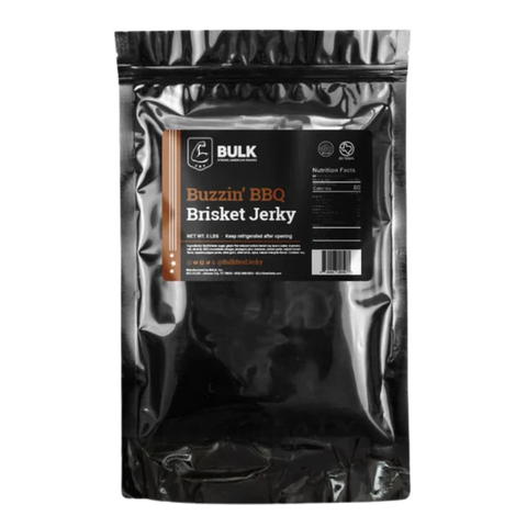 Back view of BULK Buzzin’ BBQ Brisket Beef Jerky packaging with nutrition facts and storage 