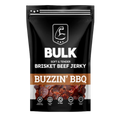 Front view of BULK Buzzin’ BBQ Soft & Tender Brisket Beef Jerky packaging, showing product name and design.