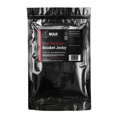 Back view of BULK Hot Teriyaki Brisket Beef Jerky packaging with nutrition facts and storage information.