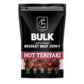 Front view of BULK Hot Teriyaki Soft & Tender Brisket Beef Jerky packaging, showing product name and design.