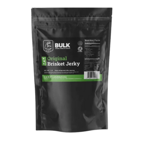 Back view of BULK Original Brisket Beef Jerky packaging with nutrition facts and storage 