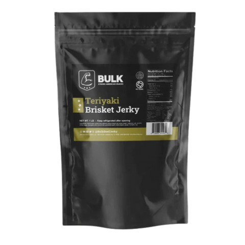Back view of BULK Teriyaki Brisket Beef Jerky packaging with nutrition facts and storage 