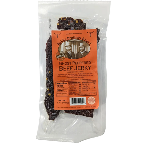 Bakke Brothers Ghost Peppered Beef Jerky 3.2-oz bag with an orange label.