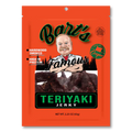 Bart's Famous Teriyaki Beef Jerky packaging with an orange background and a picture of a man.