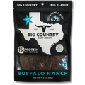 Big Country Buffalo Ranch Beef Jerky - Texas-made jerky. Black packaging features a white Texas-shaped design with a longhorn logo, emphasizing bold flavors and 15g of protein per serving.