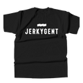 Black JerkyGent T-shirt with bold white logo and emblem on the chest