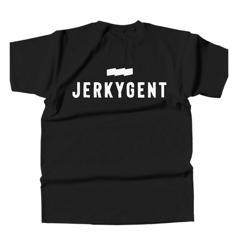 Black JerkyGent T-shirt with bold white logo and emblem on the chest
