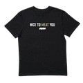 Black JerkyGent T-shirt with “Nice to MEAT You” graphic in white and gold with emblem on the chest