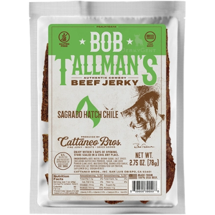 Bob Tallman's Sagrado Hatch Chile beef jerky in a clear 2.75 ounce bag with a green label featuring a drawing of Bob Tallman