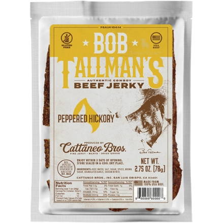 Bob Tallman's Peppered Hickory in a clear bag with a yellow label with a picture of ProRodeo Hall of Fame legend Bob Tallman