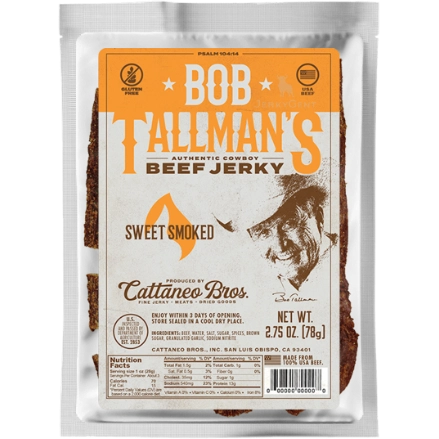 Bob Tallman's Sweet Smoked authentic cowboy beef jerky in a clear bag with an orange label featuring an image of Bob Tallman