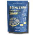 Blue package of Bonjerk Black Garlic Pork Jerky on a white background