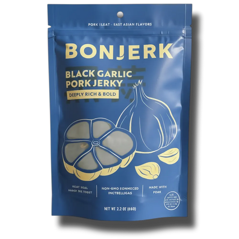 Blue package of Bonjerk Black Garlic Pork Jerky on a white background