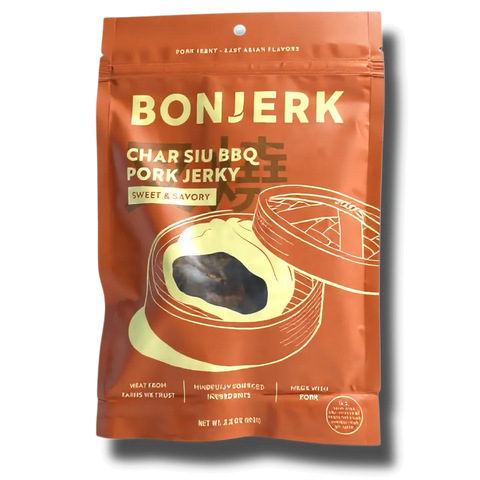 Bonjerk Char Siu BBQ Pork Jerky packaging on a white background