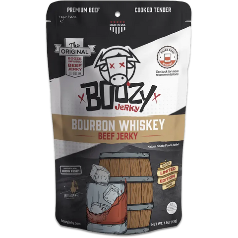 Boozy Jerky Bourbon Whiskey beef jerky in a matte bag featuring a drawing of ice splashing in bourbon in a glass in front of a bourbon barrell