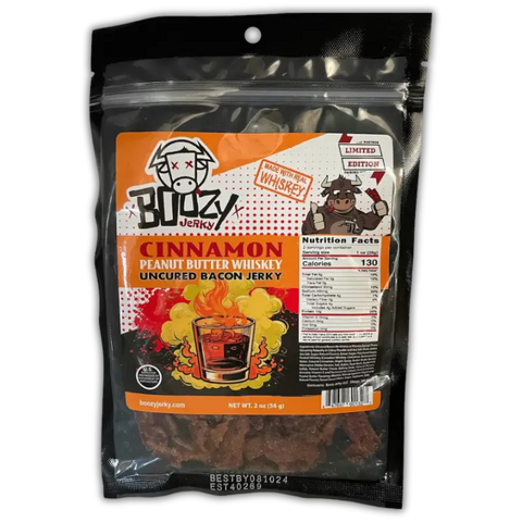 Boozy Jerky Cinnamon Peanut Butter Whiskey Uncured Bacon Jerky