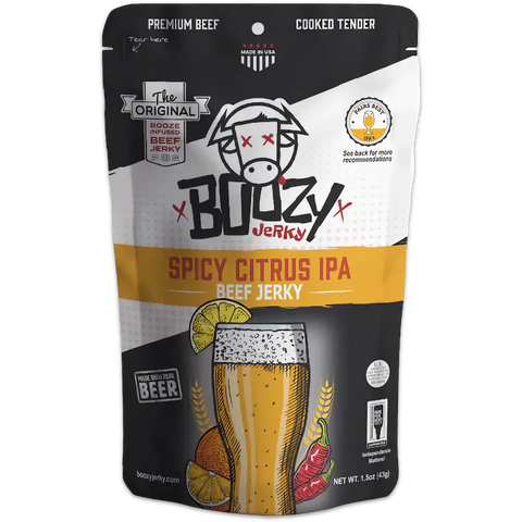 Boozy Jerky Spicy Citrus IPA beef jerky in a matte bag featuring an drawing of a full beer glass with an orange garnish