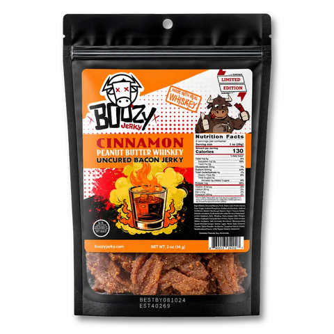 Boozy Jerky packaging with cinnamon peanut butter whiskey flavor on a white background