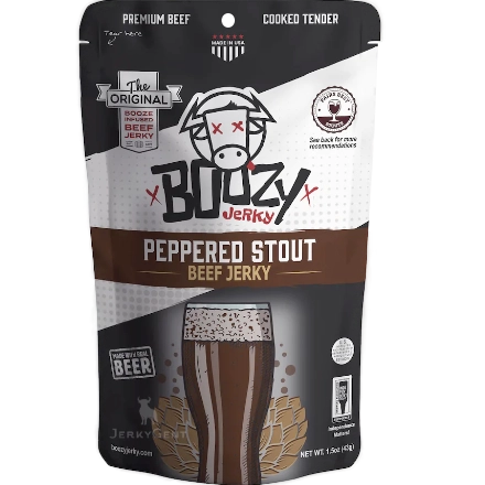 Boozy Jerky Peppered Stout beef jerky featuring a drawing of a beer glass filled with a dark beer