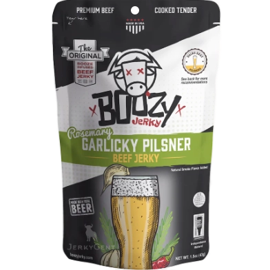 Boozy Rosemary Garlicy Pilsner beef jerky in a matte bag with a beer glass garnished with garlic and text saying made with real beer