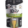 Boozy Rosemary Garlicy Pilsner beef jerky in a matte bag with a beer glass garnished with garlic and text saying made with real beer