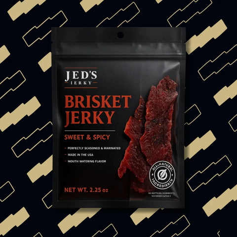 Packaged JED's Brisket Jerky on a decorative background