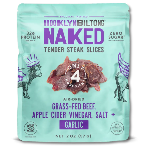 Package of Brooklyn Biltong Naked Tender Steak Slices on a white background