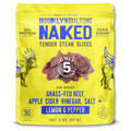 Yellow package of Brooklyn Biltong Naked Tender Steak Slices with beef slices and branding details.