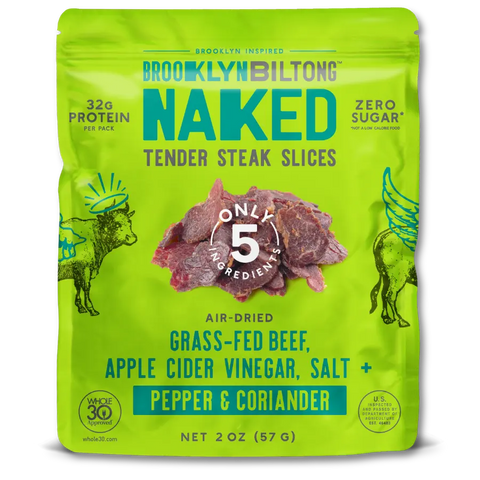 Green package of Brooklyn Biltong Naked Tender Steak Slices on a white background