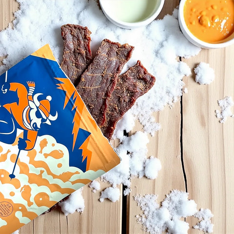 Buffalo Ranch Beef Jerky on a table with buffalo sauce and ranch dressing in the snow