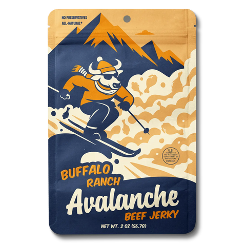 Buffalo Ranch Avalanche Beef Jerky package with skier design on mountain background