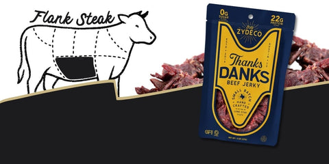 Zydeco Thanks Danks beef jerky package with a diagram of flank steak on a white background.