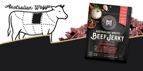 Australian Wagyu beef jerky packaging with a cow illustration on a black background