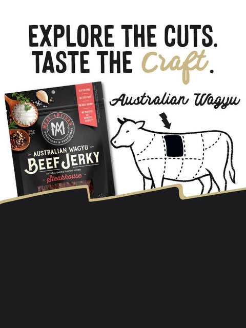 Beef jerky package with a cow illustration and text 'Explore the cuts. Taste the craft.' on a white background.