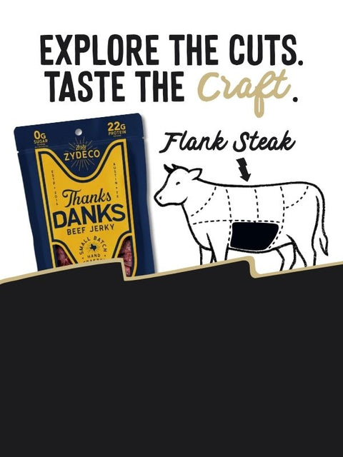 Zydeco Thanks Danks Beef Jerky package with flank steak illustration on a white background