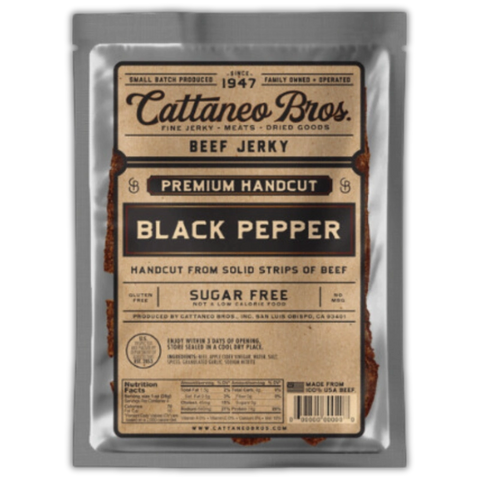 Cattaneo Bros. Premium Handcut Black Pepper flavor beef jerky in a 4 oz bag