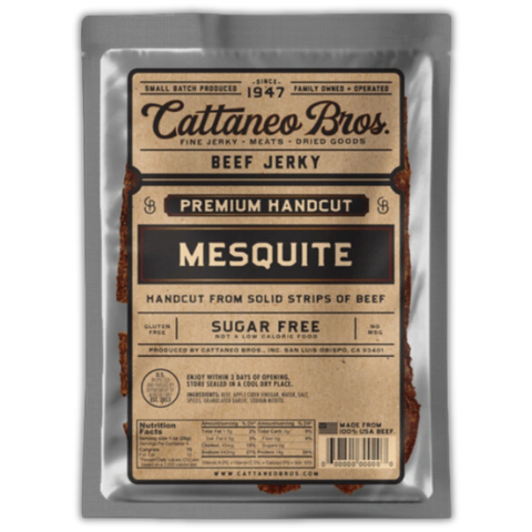 Cattaneo Bros. Premium Handcut Mesquite Beef Jerky in a bag with a large light brown label