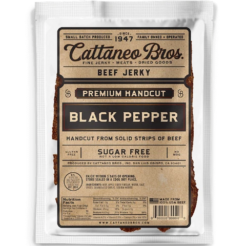 Cattaneo Bros. Premium Handcut Black Pepper flavor beef jerky in a 4 oz bag