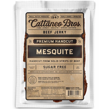 Cattaneo Bros. Premium Handcut Mesquite Beef Jerky in a bag with a large light brown label