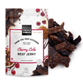 Cherry Cola Beef Jerky package with beef jerky pieces on a white background