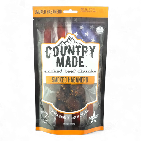 Packaged smoked beef chunks with 'Country Made' branding on a white background