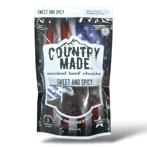 Package of Country Made smoked beef chunks with American flag design on a white background